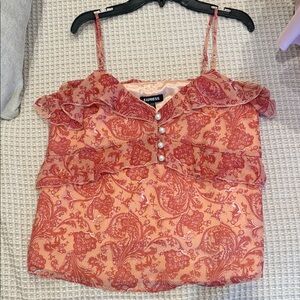 Express Coral Paisley Ruffle Blouse with pearl detail